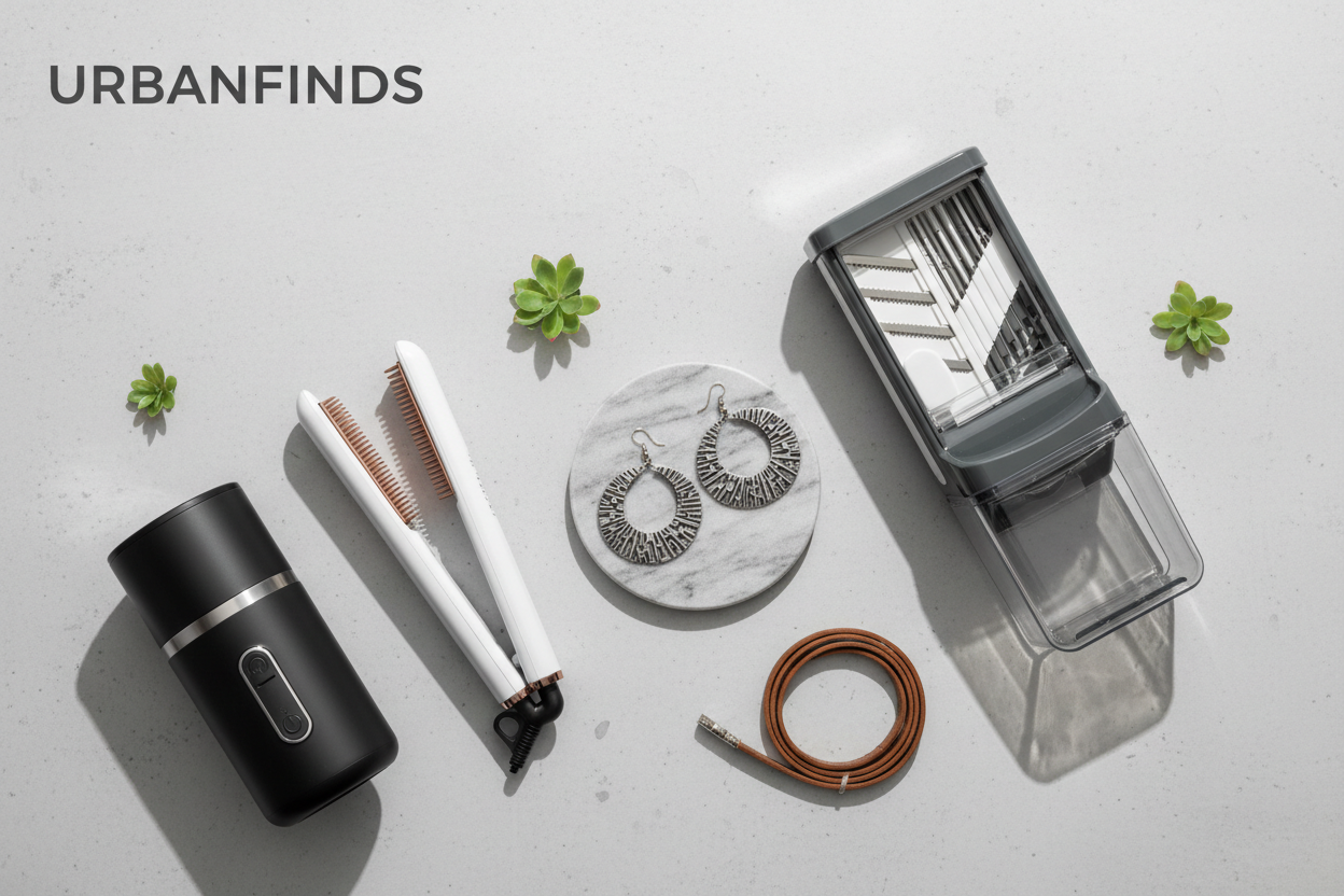 A top-down flatlay photography banner for an e-commerce store named UrbanFinds. A neatly curated collection of modern utility products arranged on a light concrete surface background. Items include a portable mini juice blender, a unique hair straightener comb, a set of oxidized silver earrings, and a smart vegetable slicer. The aesthetic is clean, minimalist, and high-end. Natural daylight, 8k resolution, sharp focus."